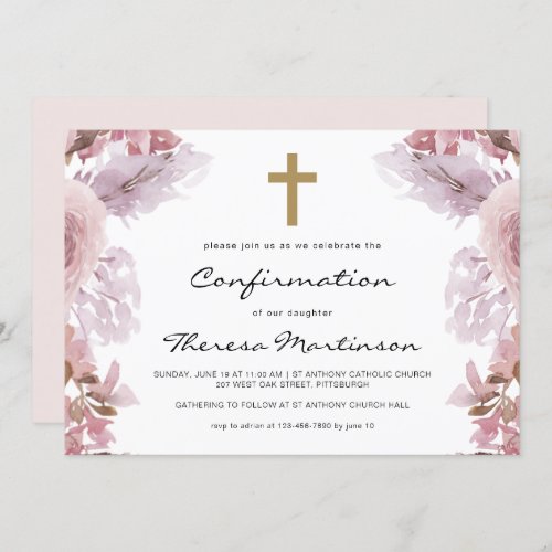Blush Pink Floral with Cross Confirmation Invitation