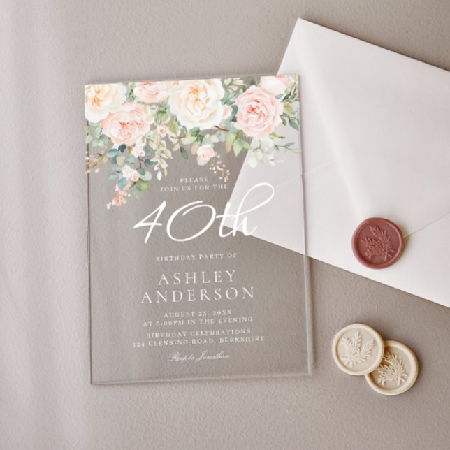 Blush Pink Floral Womans 40th Birthday Party Acrylic Invitations (Creator Uploaded)