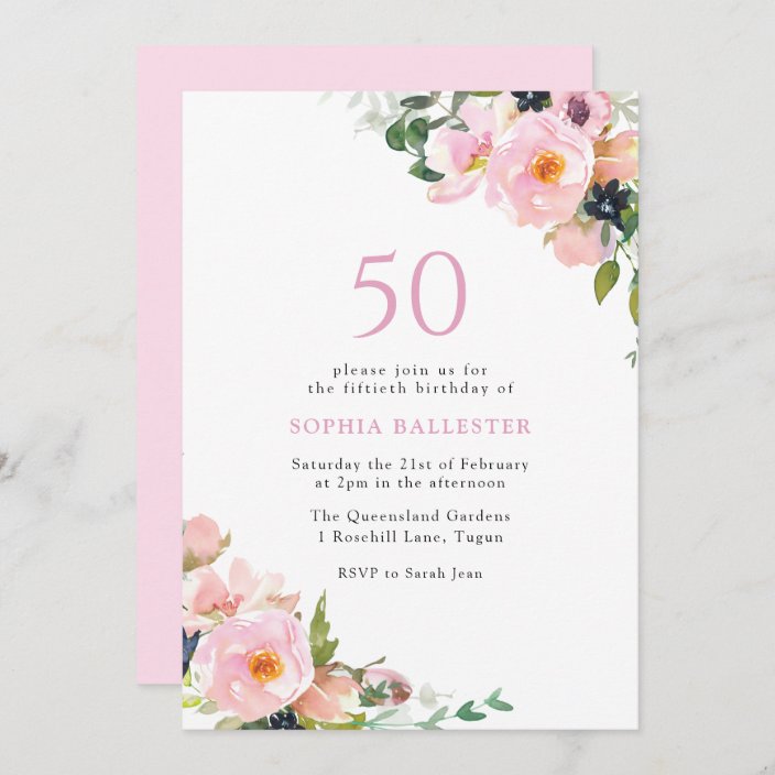 Blush Pink Floral Womans 50th Birthday Party Invitation | Zazzle.com