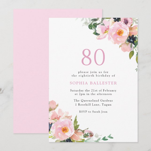 Blush Pink Floral Womans 80th Birthday Party Invitation (Front/Back)