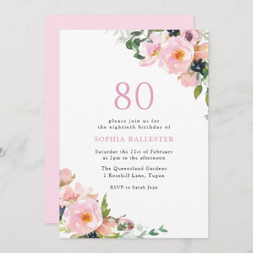 Blush Pink Floral Womans 80th Birthday Party Invitation