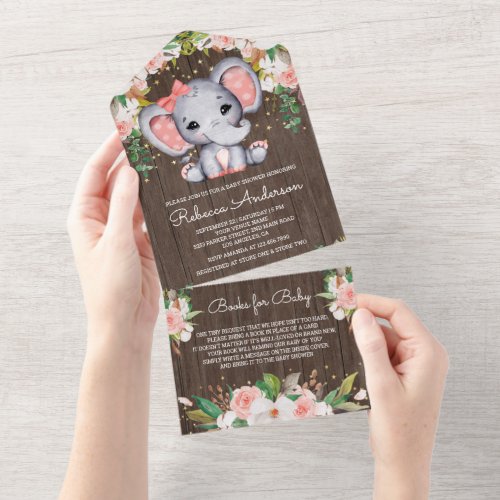 Blush Pink Floral Wood Cute Elephant Baby Shower All In One Invitation