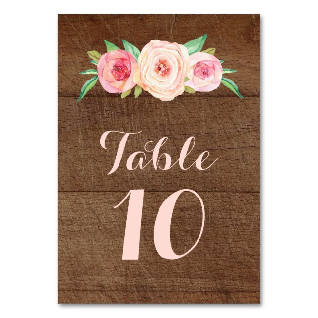 Blush Pink Floral Wood Wedding Table Number Cards (Front)