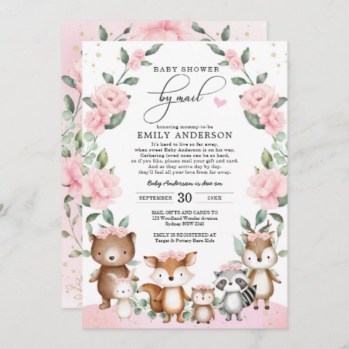 Blush Pink Floral Woodland Animals Baby Shower Invitation