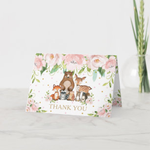 Blush Pink Floral Woodland Animals Baby Shower Letterpress Thank You Card