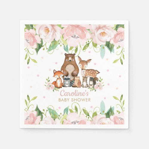 Blush Pink Floral Woodland Animals Baby Shower Napkins