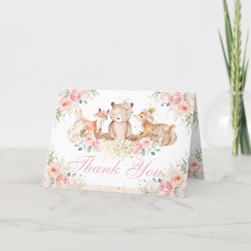 Blush Pink Floral Woodland Animals Folded Tent Thank You Card