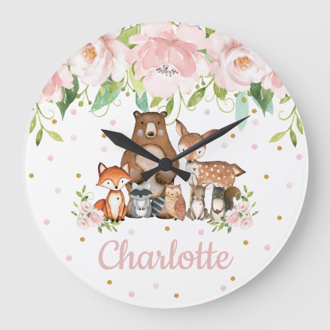 Blush Pink Floral Woodland Animals Girl Nursery Large Clock (Front)