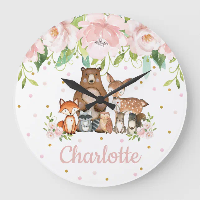 Blush Pink Floral Woodland Animals Girl Nursery Large Clock | Zazzle