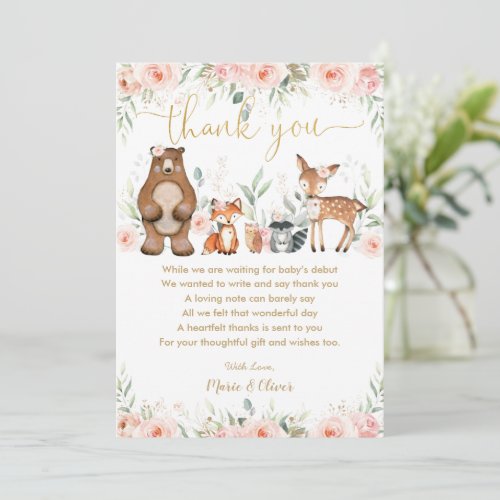 Blush Pink Floral Woodland Baby Shower Birthday  T Thank You Card