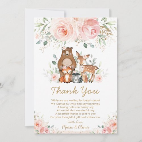 Blush Pink Floral Woodland Baby Shower Birthday  Thank You Card