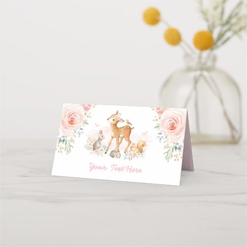 Blush Pink Floral Woodland Forest Animals Shower Place Card