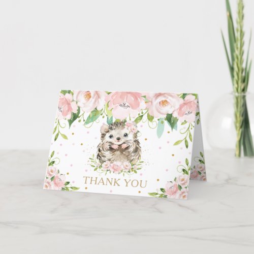 Blush Pink Floral Woodland Hedgehog Baby Shower  Thank You Card