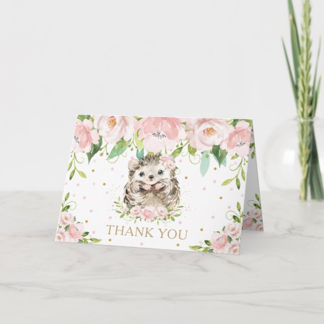 Blush Pink Floral Woodland Hedgehog Baby Shower  Thank You Card (Front)