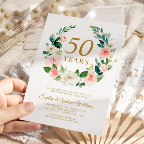 Blush Pink Floral Wreath 50th Wedding Anniversary Invitation