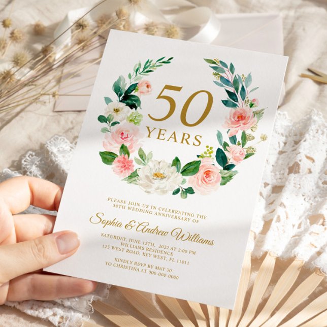 Blush Pink Floral Wreath 50th Wedding Anniversary Invitation (Creator Uploaded)