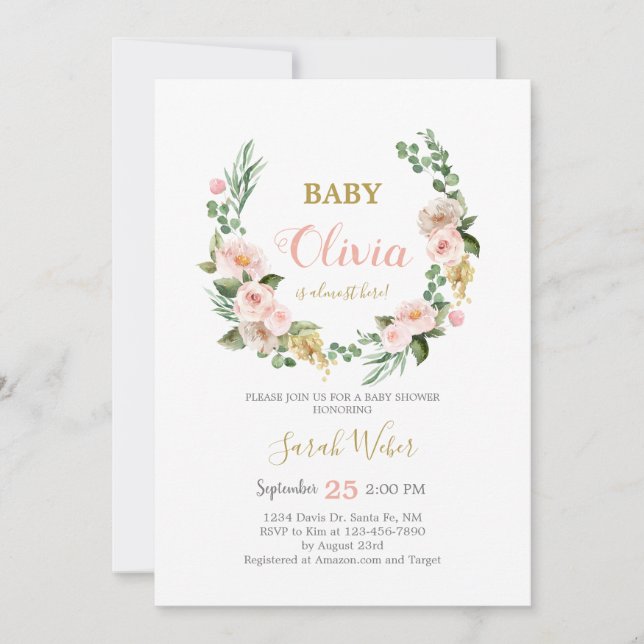 Blush pink floral wreath baby girl shower invitation (Front)
