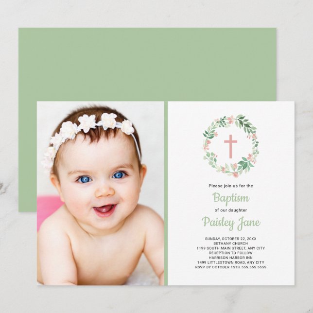 Blush Pink Floral wreath baptism photo invitation (Front/Back)