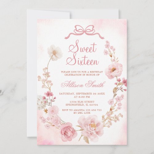 Blush Pink Floral Wreath Bow Girl Sweet Sixteen Invitation