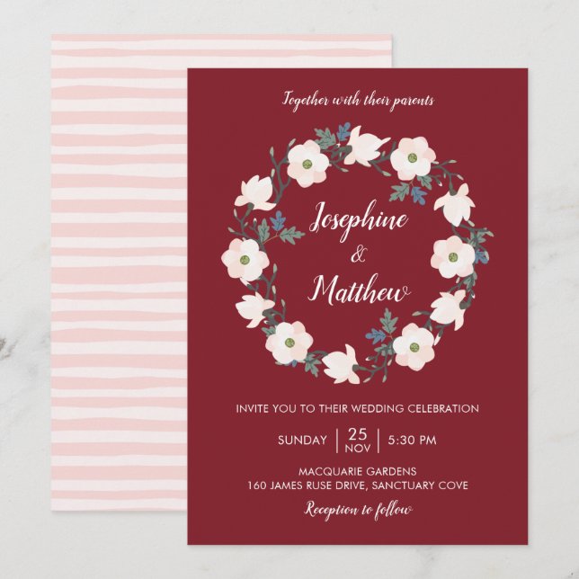 Blush Pink Floral Wreath Bugundy Wedding Invitation (Front/Back)