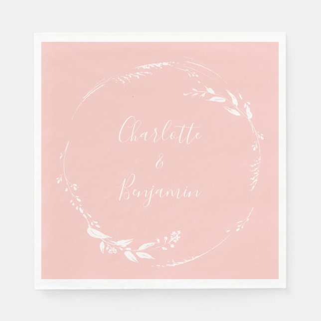 Blush Pink Floral Wreath Calligraphy Personalized Napkins (Front)
