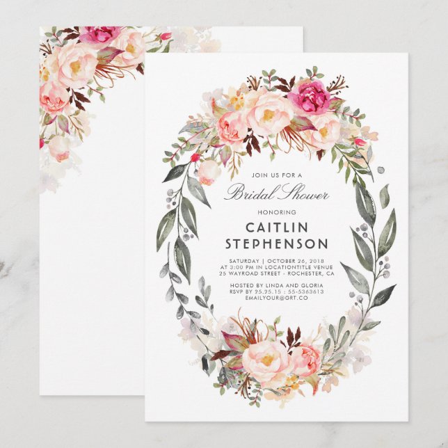 Blush Pink Floral Wreath Elegant Bridal Shower Invitation (Front/Back)