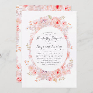 Blush Pink Floral Wreath   Elegant Vintage Wedding Invitation