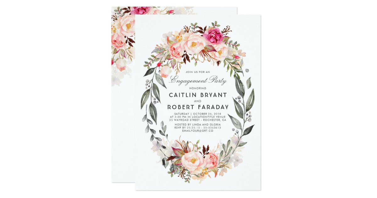 Blush Pink Floral Wreath Engagement Party Invitation