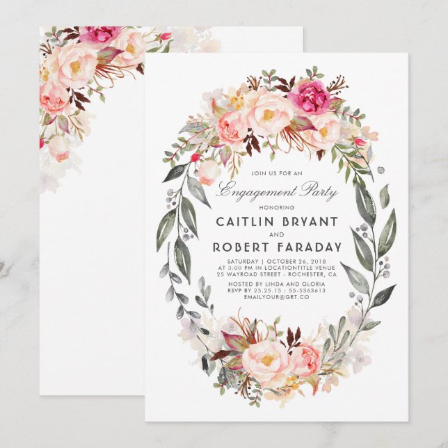 Blush Pink Floral Wreath Engagement Party Invitation (Front/Back)