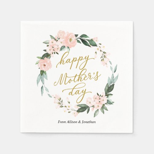 Blush Pink Floral Wreath Happy Mothers Day Napkins