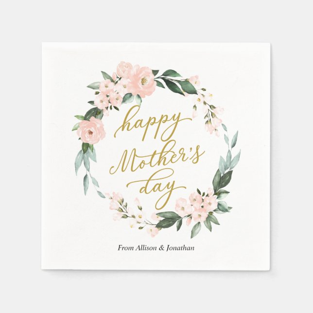 Blush Pink Floral Wreath Happy Mothers Day Napkins (Front)