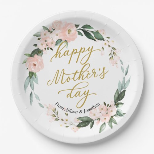 Blush Pink Floral Wreath Happy Mothers Day Paper Plates