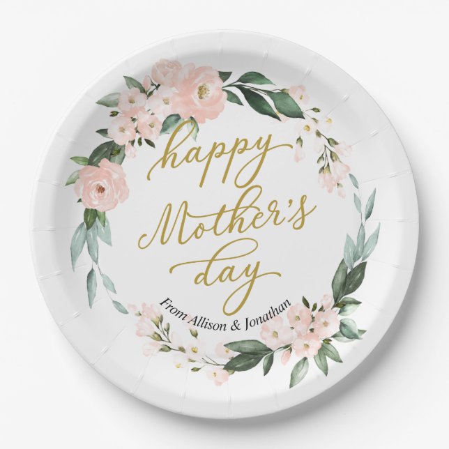 Blush Pink Floral Wreath Happy Mothers Day Paper Plates (Front)