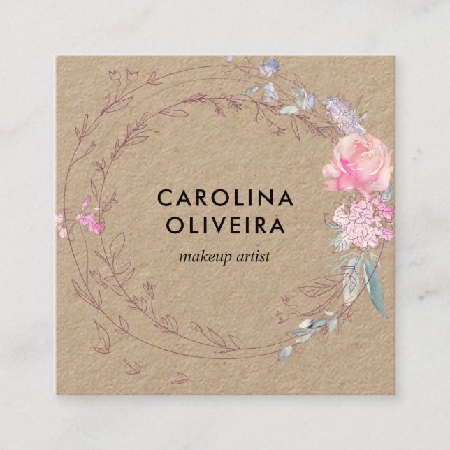 Blush Pink Floral Wreath Kraft Square Business Card (Front)