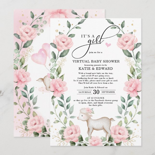 Blush Pink Floral Wreath Lamb Virtual Baby Shower Invitation (Front/Back)