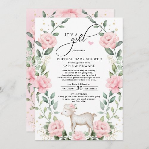 Blush Pink Floral Wreath Lamb Virtual Baby Shower Invitation