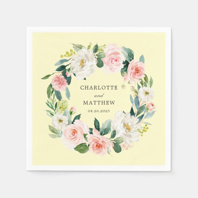 Blush Pink Floral Wreath on Yellow Napkins (Front)