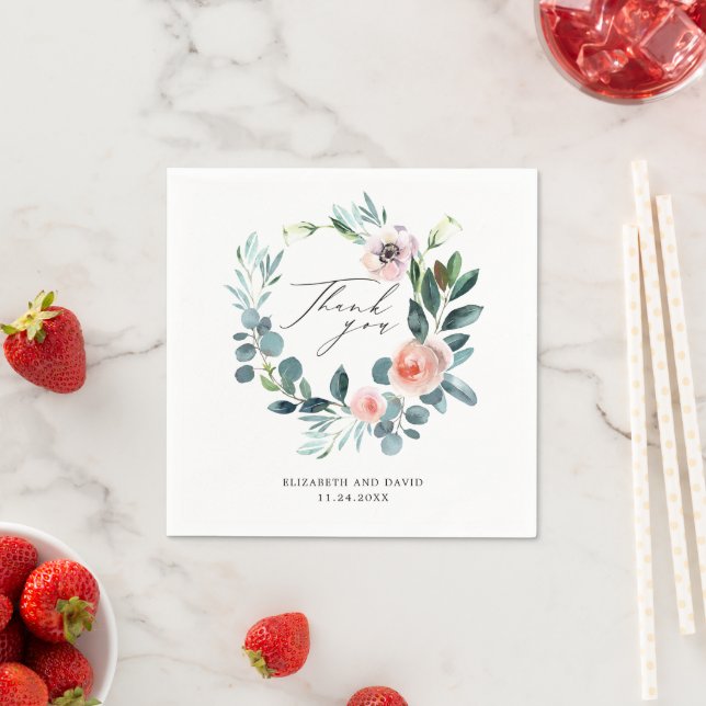 Blush Pink Floral Wreath Script Thank You Wedding Napkins (Insitu)