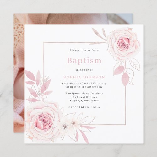 Blush Pink Floral Wreath Sweet Baby Girl Baptism Invitation