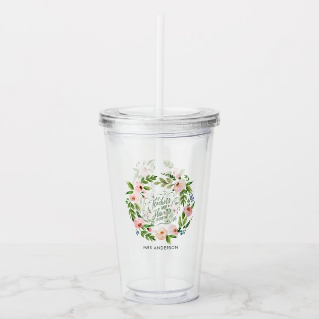 Blush pink floral wreath thank you teacher gift  acrylic tumbler (Front)