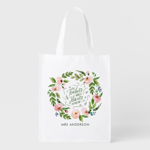 Blush pink floral wreath thank you teacher gift  grocery bag