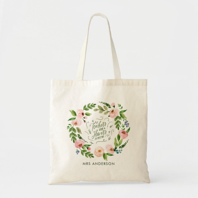 Blush pink floral wreath thank you teacher gift tote bag (Front)