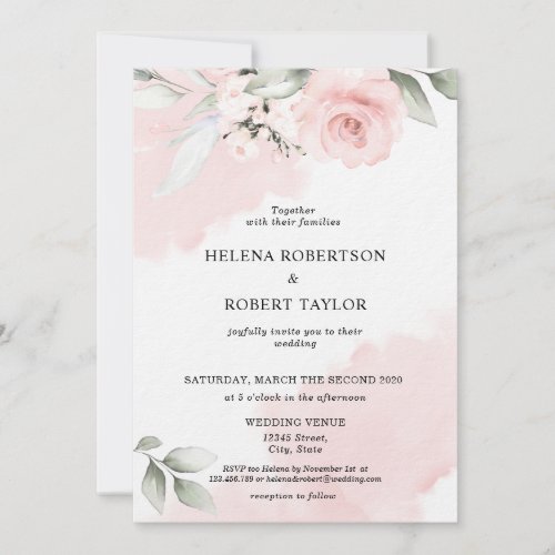 Blush Pink Floral Wreath watercolor Dusty Green Invitation