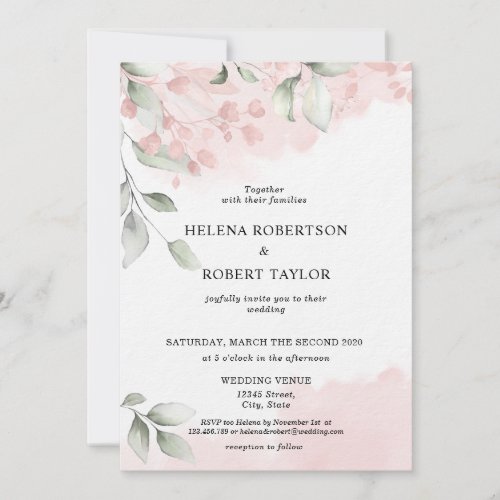 Blush Pink Floral Wreath watercolor Dusty Green Invitation