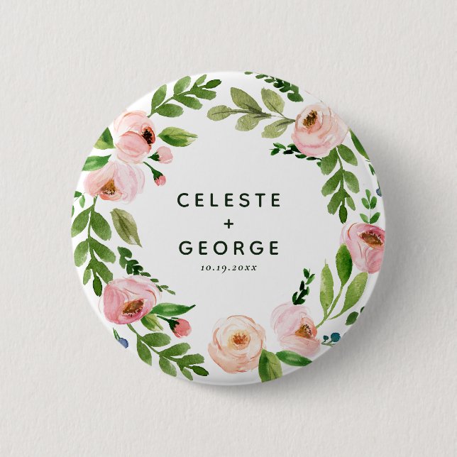 Blush pink floral wreath wedding button (Front)