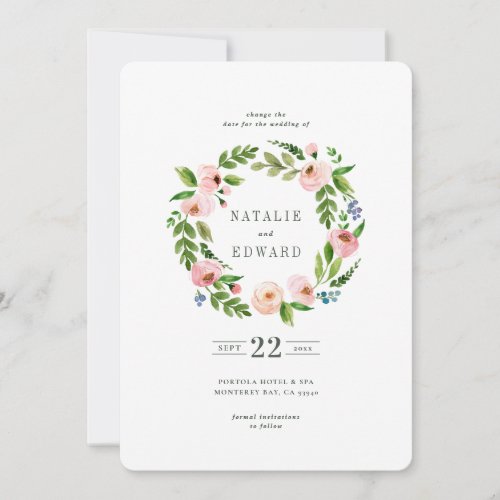 Blush pink floral wreath wedding change the date save the date