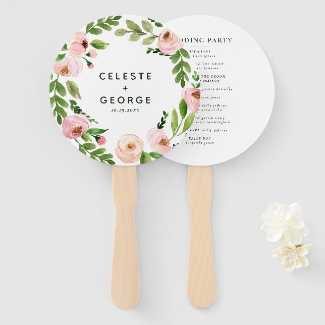 Blush pink floral wreath wedding hand fan (Front and Back)