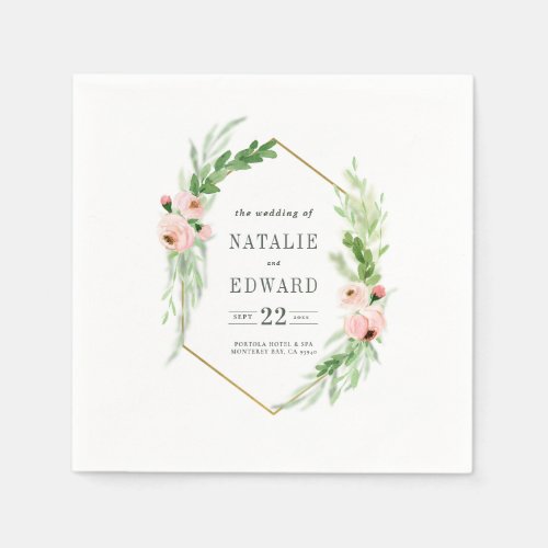 Blush pink floral wreath wedding napkins