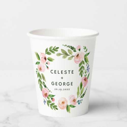 Blush pink floral wreath wedding paper cups