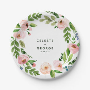 Blush pink floral wreath wedding paper plates